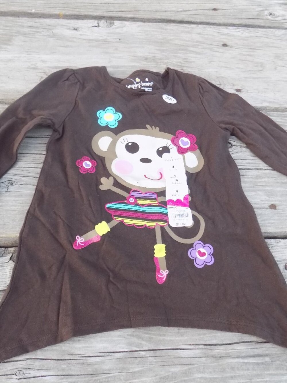 JELLY BEAN BABYDOLL Monkey Long Sleeved Brown Top Sz 4